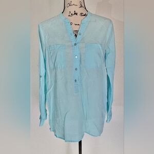Linen Cotton Pullover Tunic Shirt  Turquoise Medium Boho Lightweight Hippie